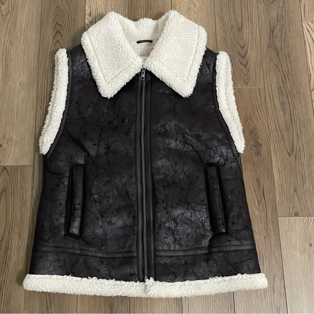 OFFLINE by Aerie Puffer Sherpa Lines Faux Leather Brown Vest